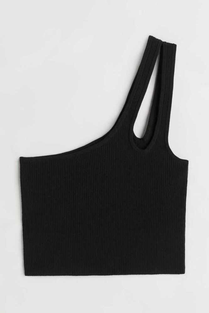 H&M Gerippt One-shoulder Oberteile Damen Schwarz | 3572-DIWGN