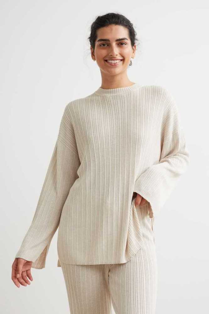 H&M Gerippt Pullover Nachtwäsche Damen Hellbeige | 9061-JAZMG