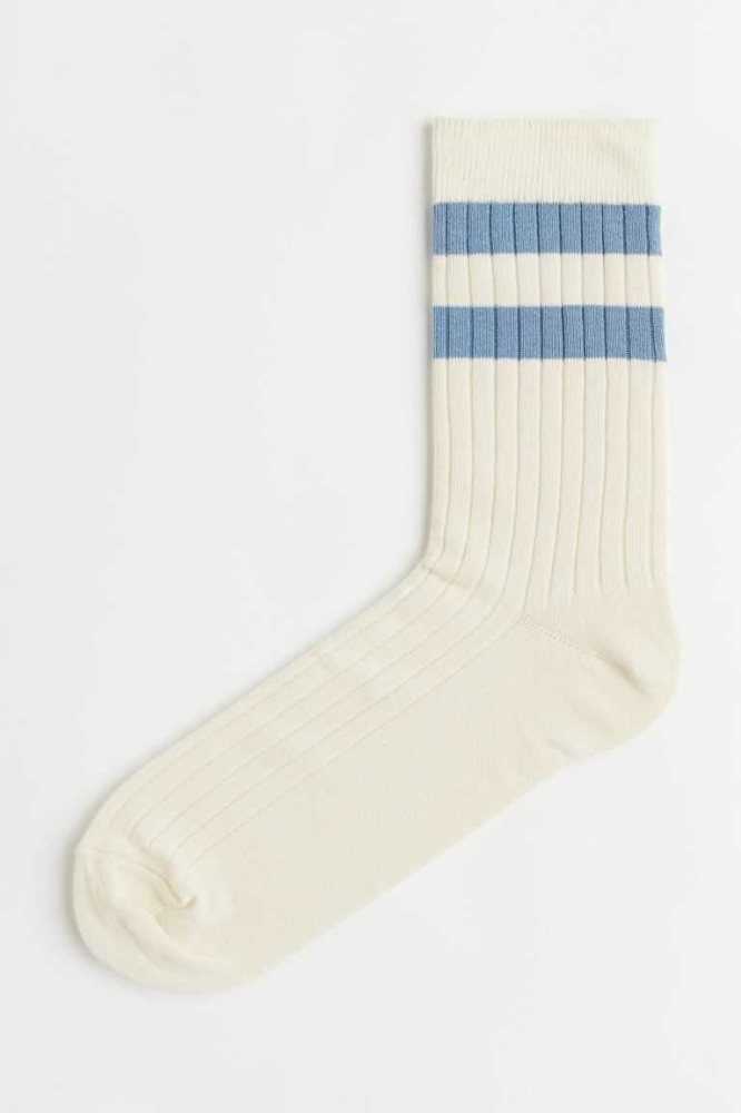 H&M Gerippt Socken Herren Weiß Blau | 8421-WMIJF