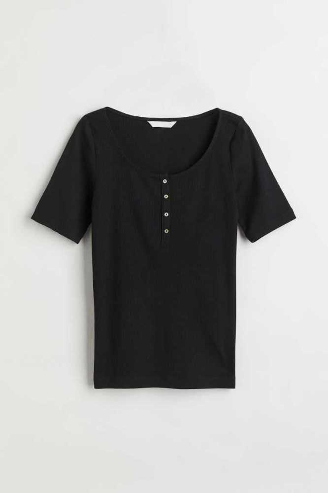 H&M Gerippt T-shirtButtons Oberteile Damen Weiß | 5948-XRIVF