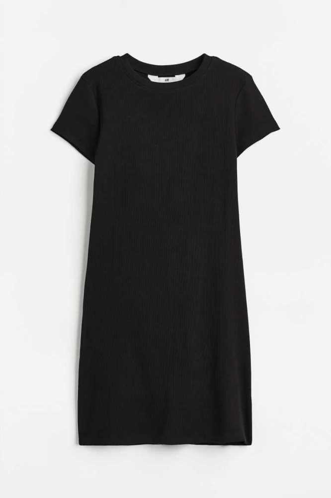 H&M Gerippt T-shirt Kurzes Kleid Kinder Schwarz | 0254-CEWKO