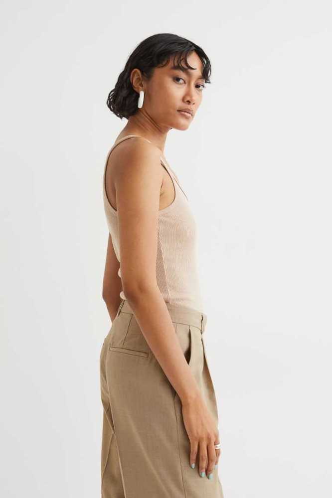 H&M Gerippt Tank Oberteile Damen Beige | 4075-ATFYH