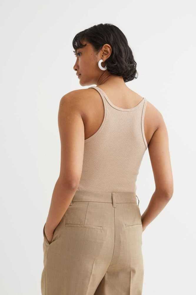 H&M Gerippt Tank Oberteile Damen Beige | 4075-ATFYH