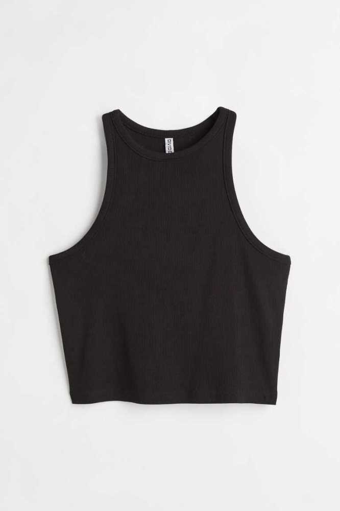 H&M Gerippt Tank Oberteile Damen Schwarz | 1290-ZPHGK