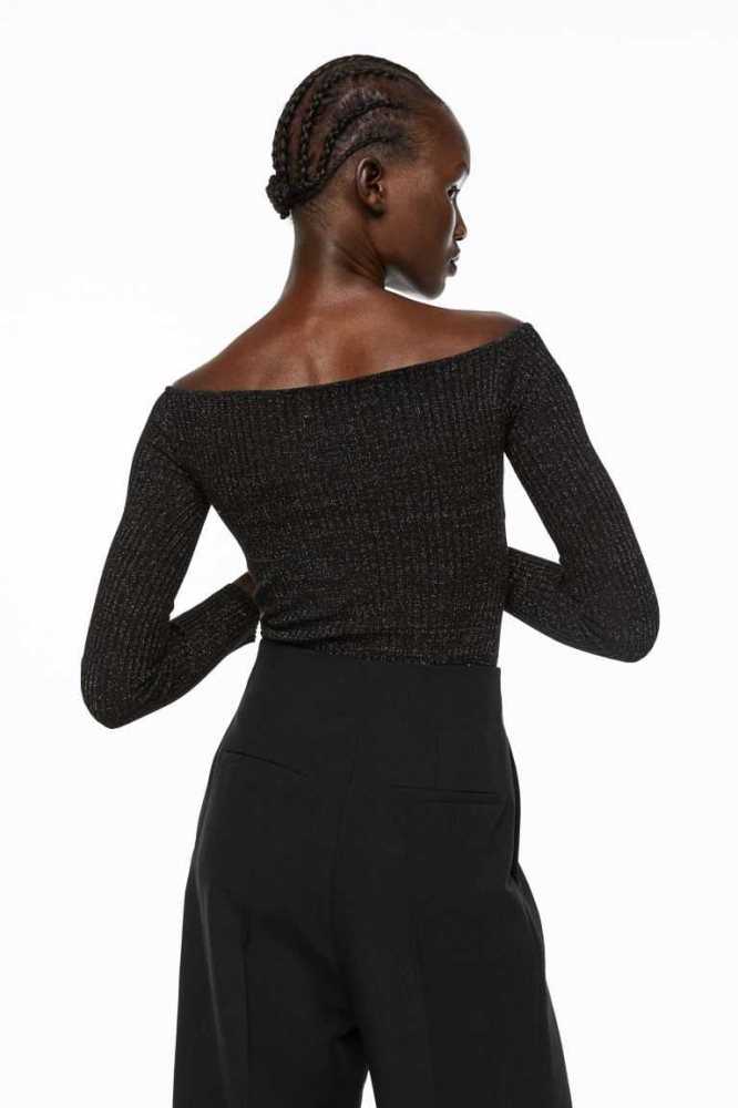 H&M Glittery Rib-knit Top Pullover Damen Schwarz | 1420-XIEQA