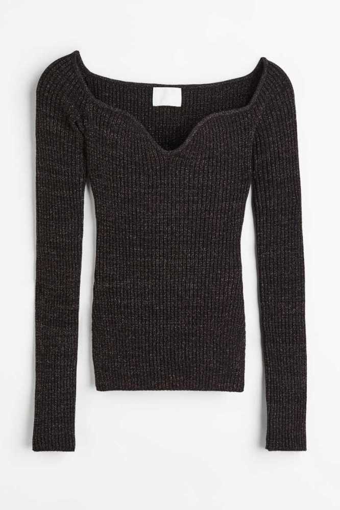 H&M Glittery Rib-knit Top Pullover Damen Schwarz | 1420-XIEQA