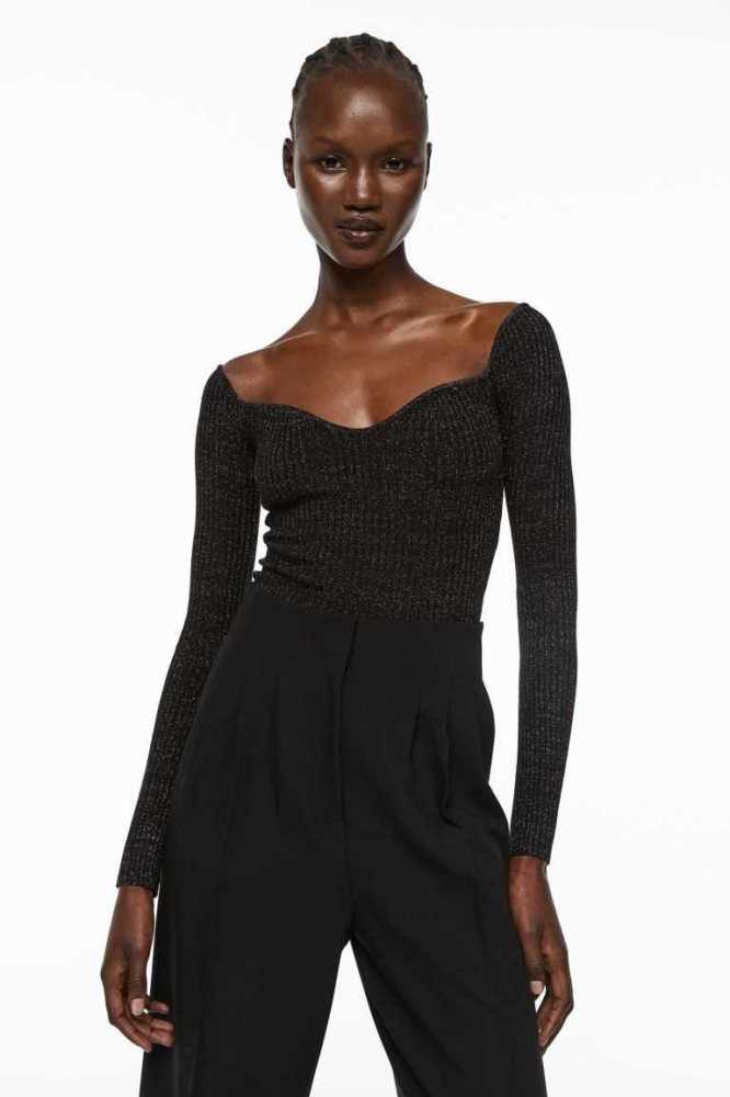 H&M Glittery Rib-knit Top Pullover Damen Schwarz | 1420-XIEQA