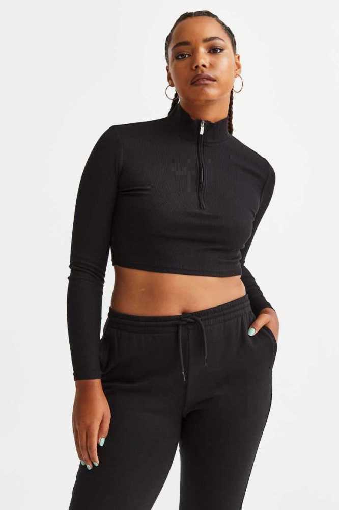 H&M Half-zip Crop Oberteile Damen Blau | 7524-APMDB