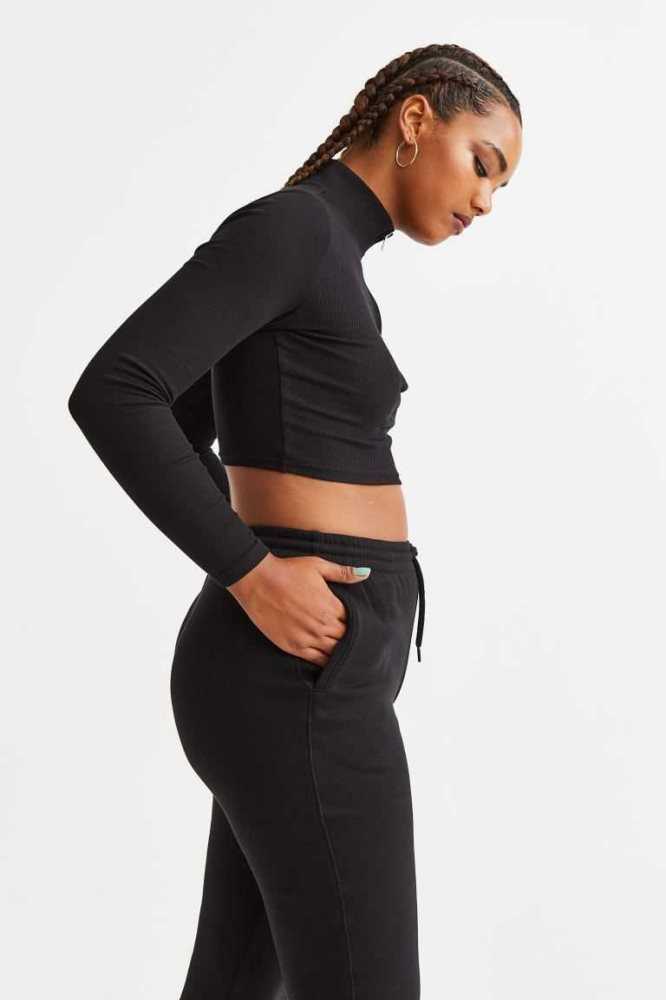 H&M Half-zip Crop Oberteile Damen Schwarz | 9143-FJQTC