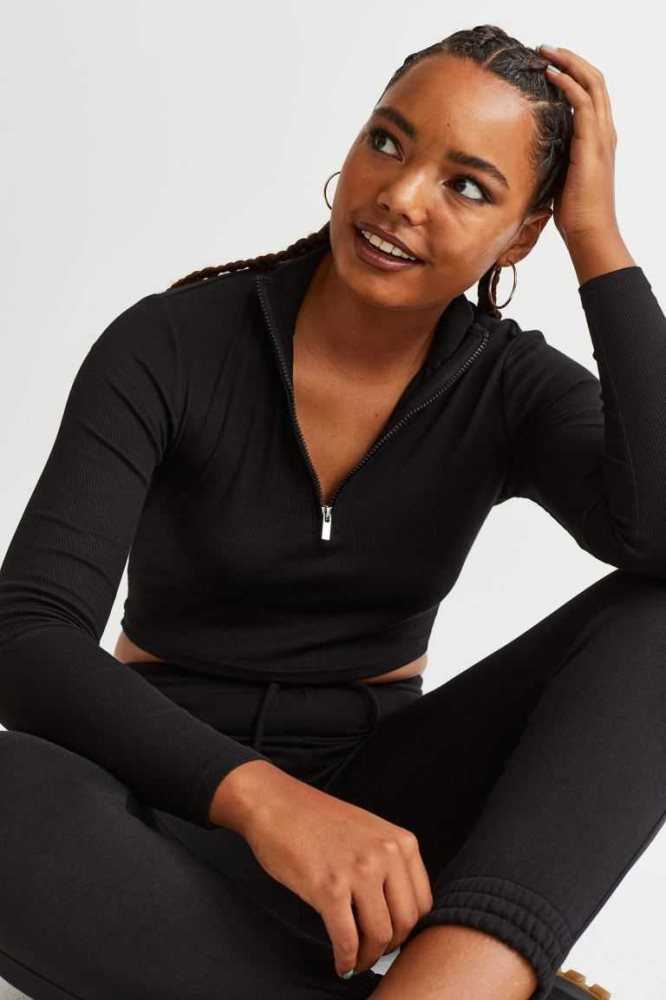 H&M Half-zip Crop Oberteile Damen Schwarz | 9143-FJQTC