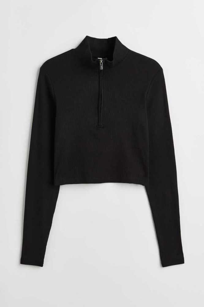 H&M Half-zip Crop Oberteile Damen Schwarz | 9143-FJQTC