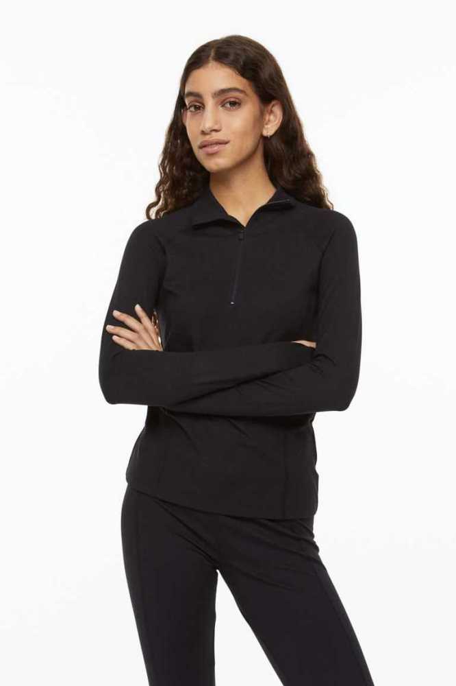 H&M Half-zip Fitted Top Sweatshirt Damen Schwarz | 8765-TSMVD