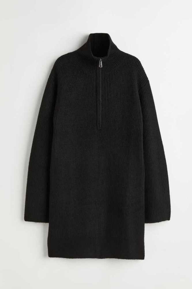 H&M Half-zip Rib-knit Kleider Damen Schwarz | 7862-MQCWR