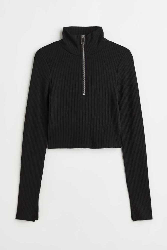 H&M Half-zip Rib-knit Oberteile Damen Weiß | 1649-IOPDU