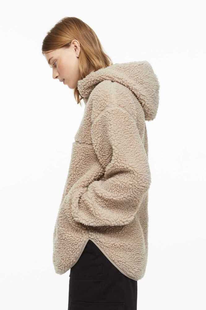 H&M Half-zip Teddy Hoodie Damen Beige | 1267-POVWR