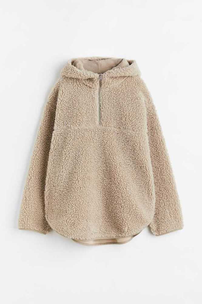 H&M Half-zip Teddy Hoodie Damen Beige | 1267-POVWR