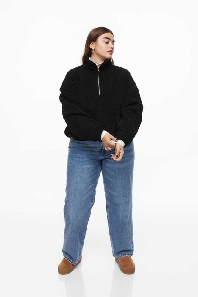 H&M Half-zip Teddy Sweatshirt Damen Schwarz | 8509-DAZES