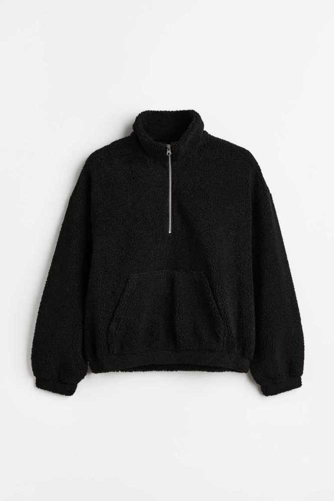 H&M Half-zip Teddy Sweatshirt Damen Schwarz | 8509-DAZES