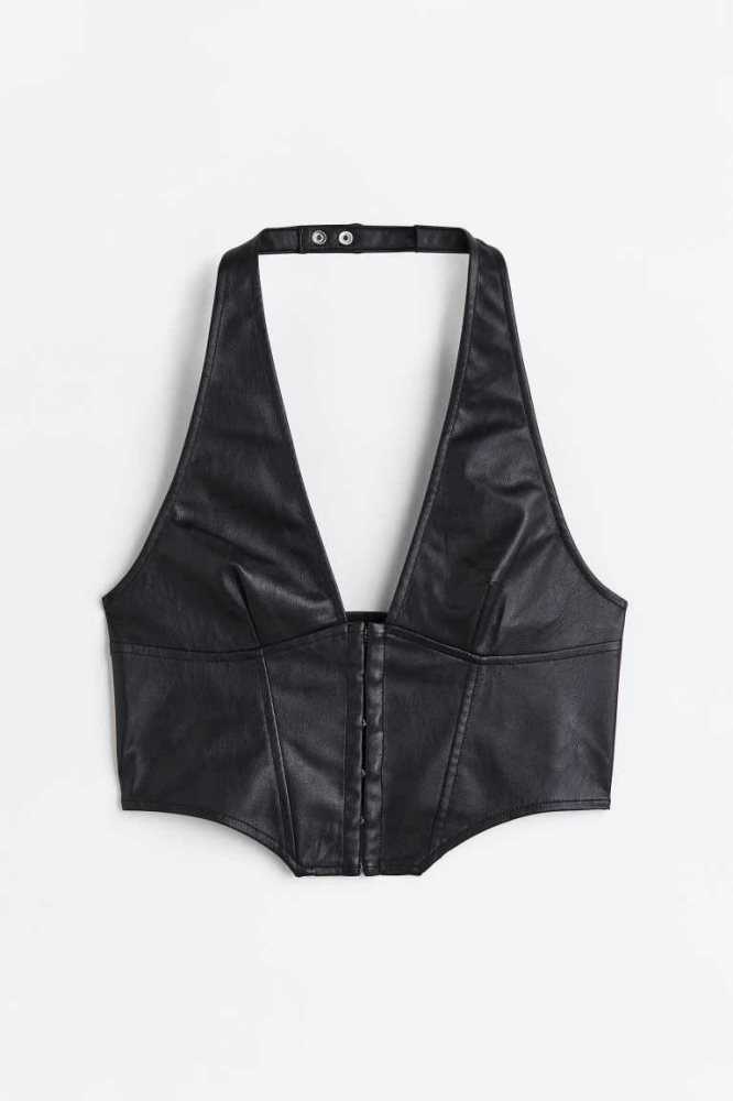 H&M Halterneck Crop Oberteile Damen Schwarz | 7056-MPDEB