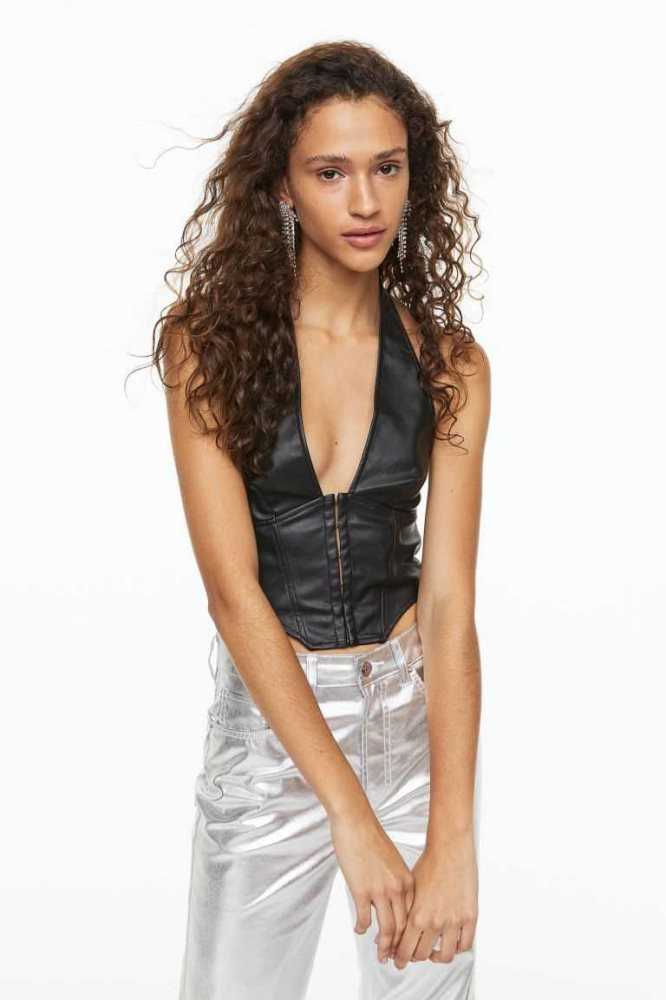 H&M Halterneck Crop Oberteile Damen Schwarz | 7056-MPDEB