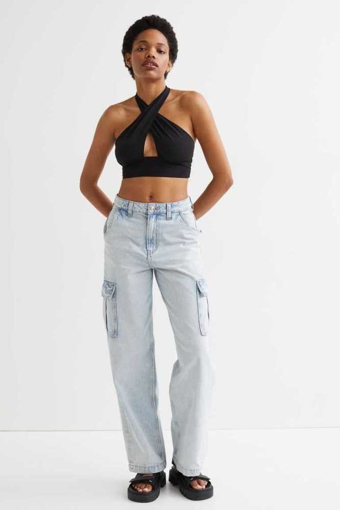 H&M Halterneck Crop Oberteile Damen Weiß | 4508-HAVPT