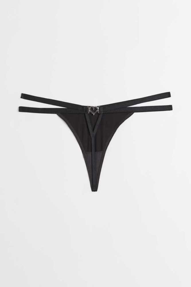 H&M Heart-detail Tanga Briefs Unterwäsche Damen Schwarz | 3950-RJOCU