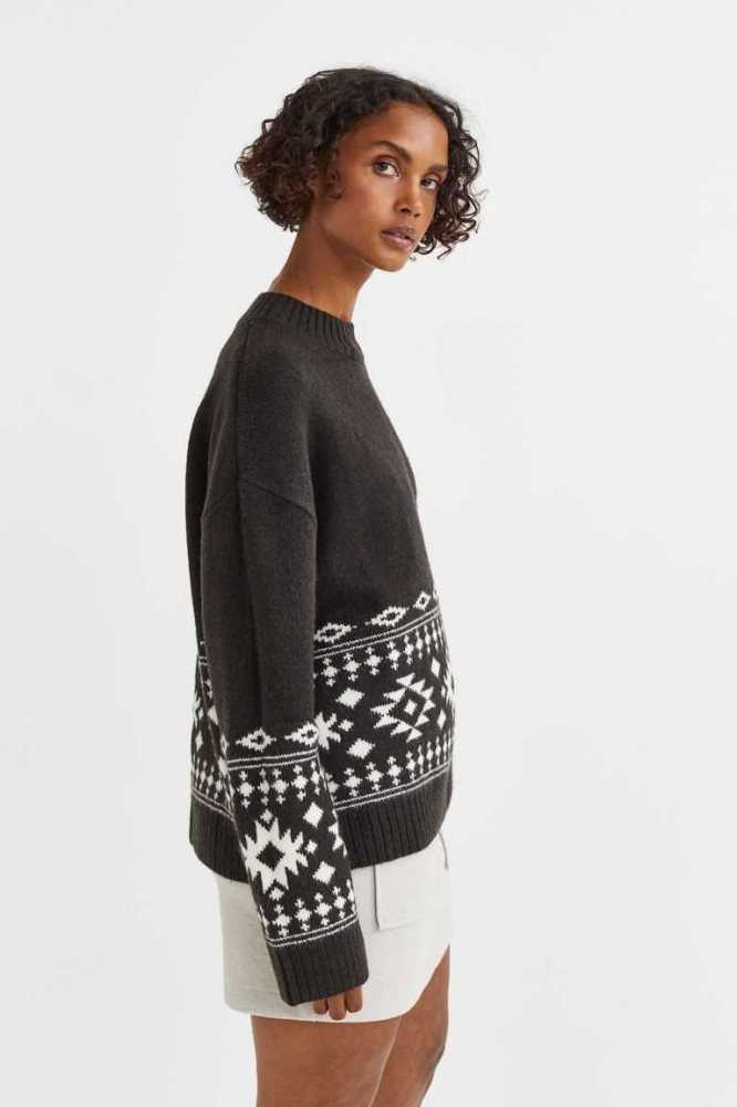 H&M Jacquard-knit Pullover Damen Schwarz | 6705-CKQTI