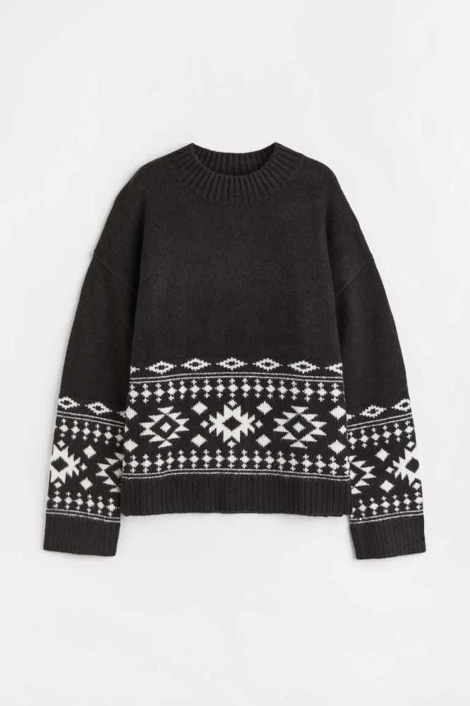 H&M Jacquard-knit Pullover Damen Schwarz | 6705-CKQTI