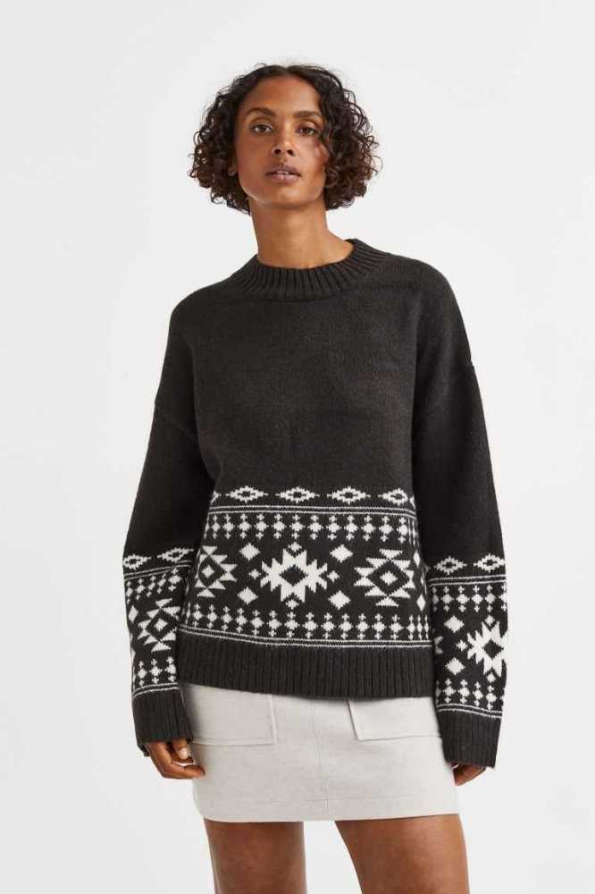 H&M Jacquard-knit Pullover Damen Schwarz | 6705-CKQTI