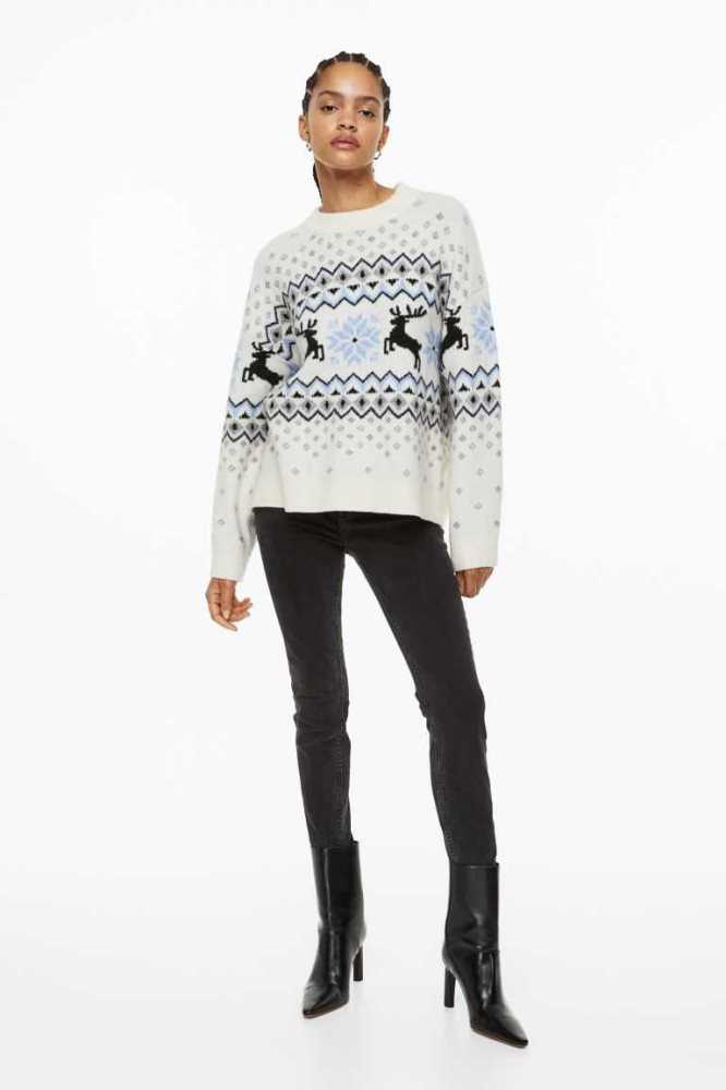 H&M Jacquard-knit Pullover Damen Weiß | 0263-LDROT