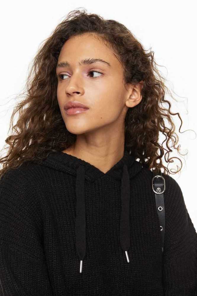 H&M Knit Hoodie Pullover Damen Schwarz | 6857-JRFHX