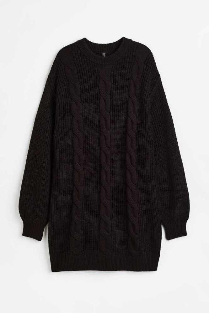 H&M Knit Kleider Damen Schwarz | 1798-IRFGS