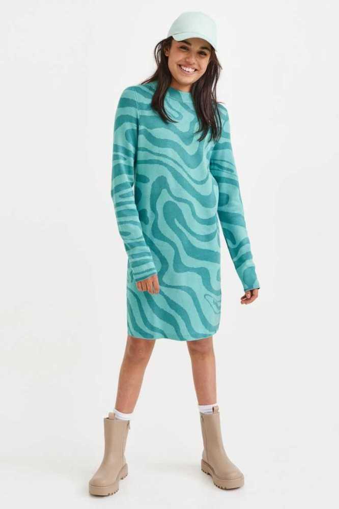 H&M Knit Mock Turtleneck Kurzes Kleid Kinder Türkis | 2834-BYMHC