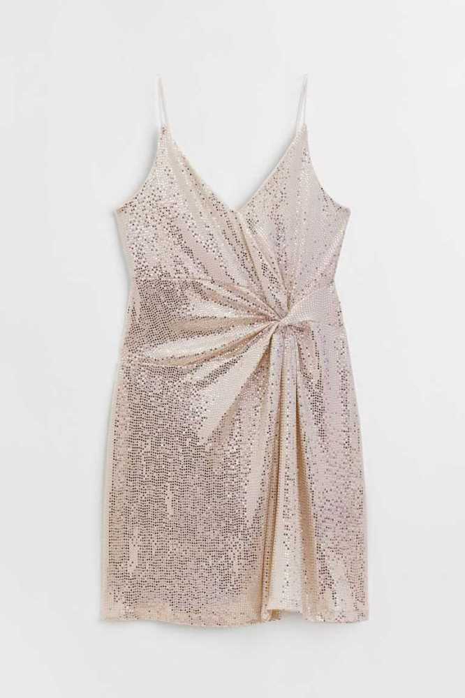 H&M Knot-detail Sequined Kleider Damen Beige Silber | 5289-AQUYD