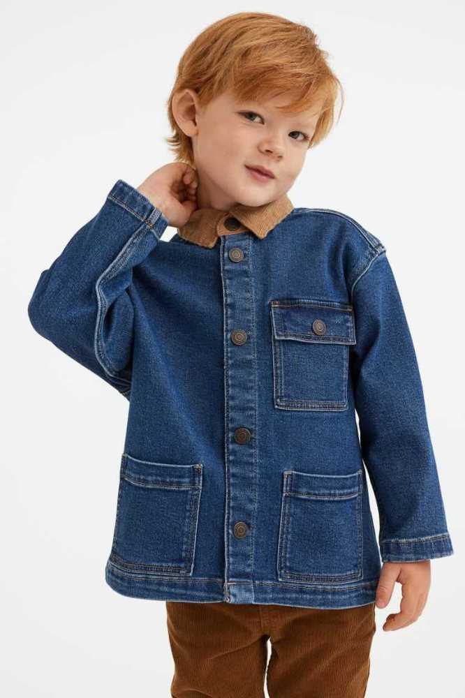 H&M Kompfort Stretch Corduroy-collared Denim Jacket Oberbekleidung Kinder Dunkelblau | 2978-VTJUG