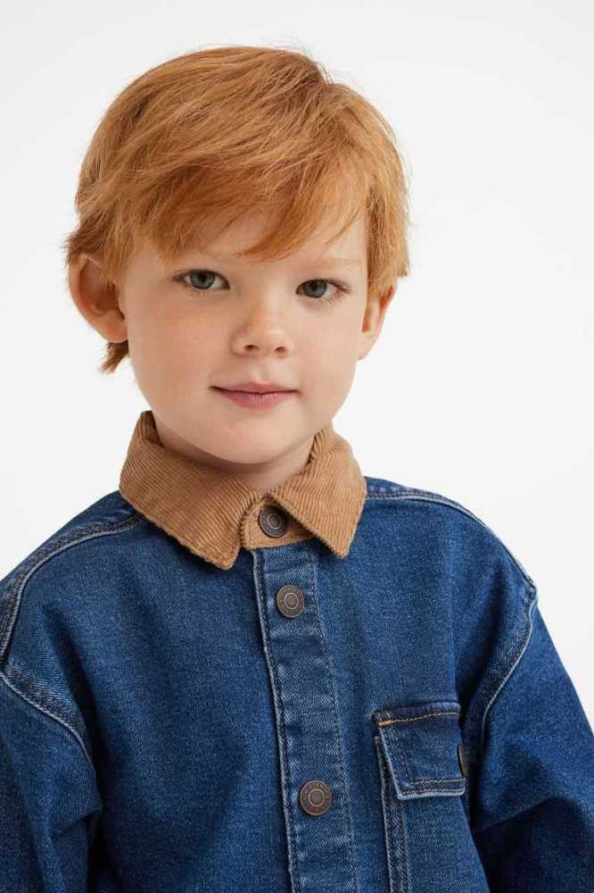 H&M Kompfort Stretch Corduroy-collared Denim Jacket Oberbekleidung Kinder Dunkelblau | 2978-VTJUG