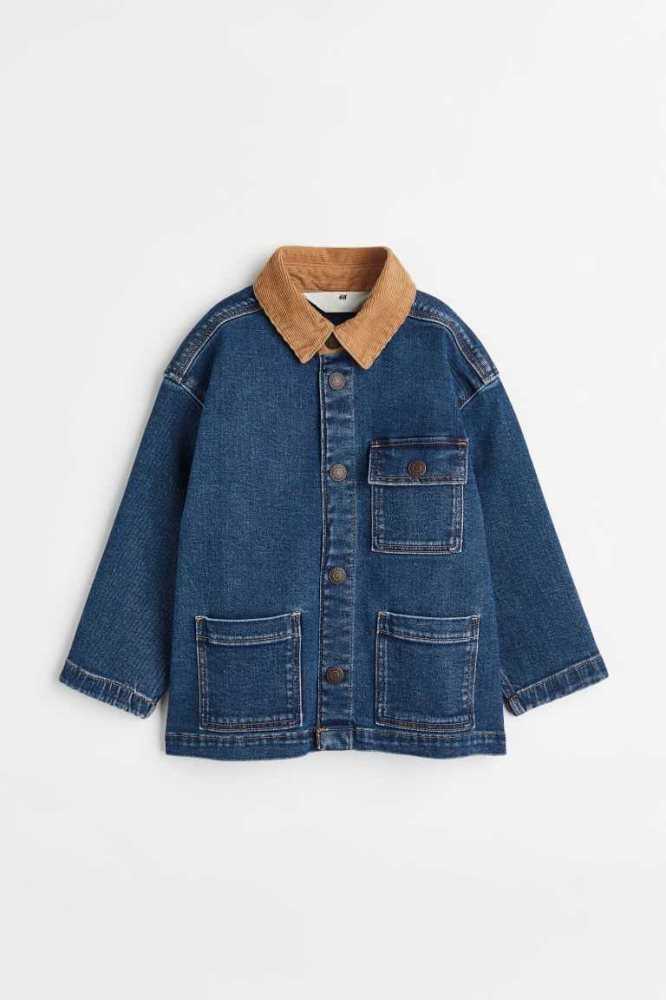 H&M Kompfort Stretch Corduroy-collared Denim Jacket Oberbekleidung Kinder Dunkelblau | 2978-VTJUG