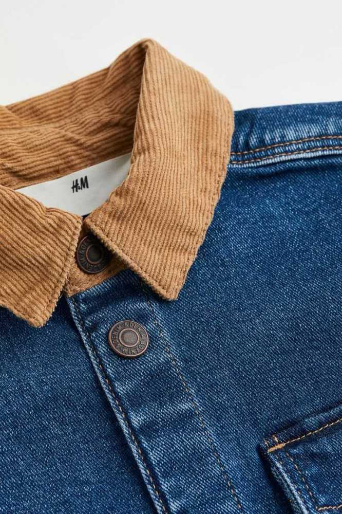 H&M Kompfort Stretch Corduroy-collared Denim Jacket Oberbekleidung Kinder Dunkelblau | 2978-VTJUG