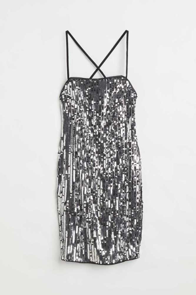 H&M Kurzes Sequined Kleider Damen Schwarz Silber | 3091-QRKLN