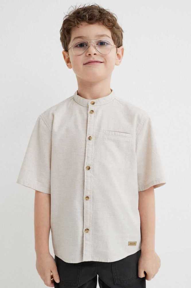 H&M Kurzes-sleeved Band-collar Hemd Kinder Hellbeige | 8703-KCUIN