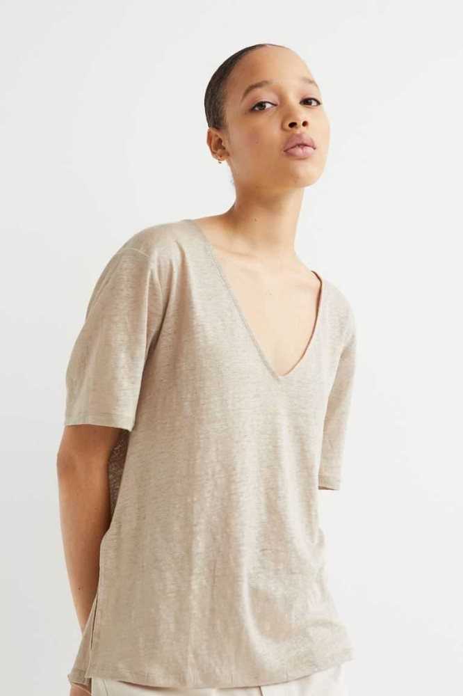 H&M Linen Jersey T-shirt Oberteile Damen Weiß | 2789-VZIRD