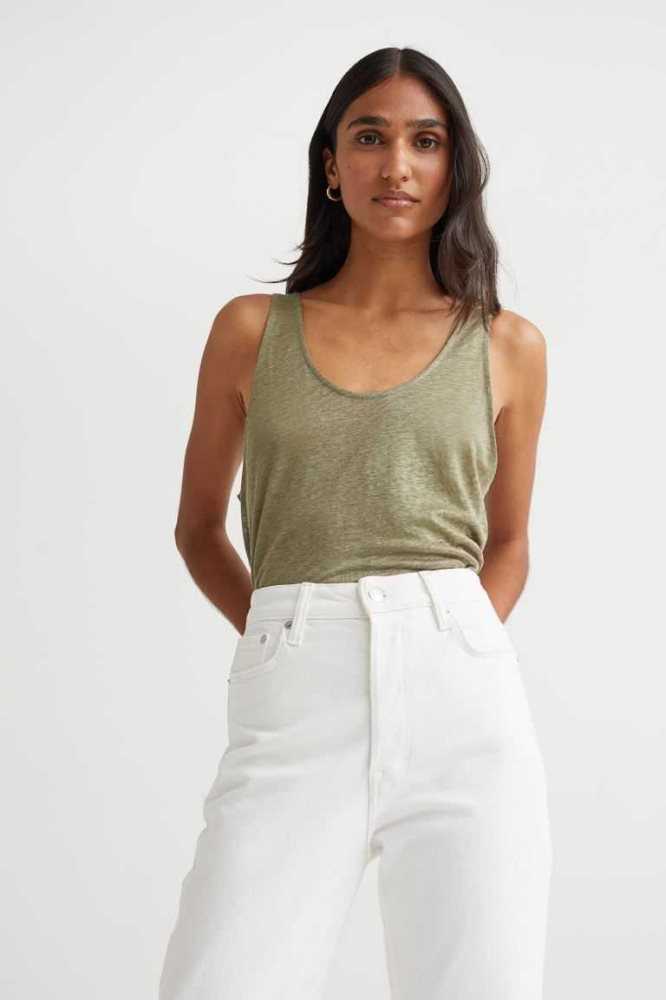 H&M Linen Jersey Tank Oberteile Damen Gelb | 5860-UFZOM