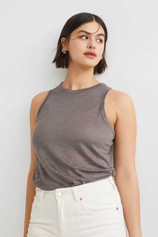 H&M Linen Jersey Tank Oberteile Damen Schwarz | 0167-LRVWT