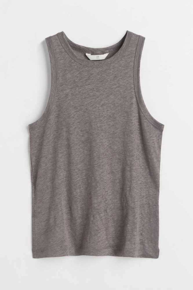 H&M Linen Jersey Tank Oberteile Damen Schwarz | 0167-LRVWT