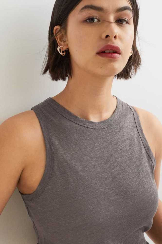 H&M Linen Jersey Tank Oberteile Damen Schwarz | 0167-LRVWT