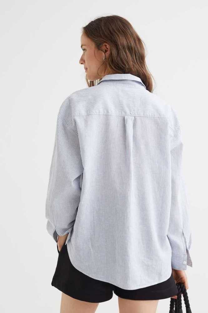 H&M Linen-blend Anorak Shirt Bluse Damen Weiß | 5471-GXMNI