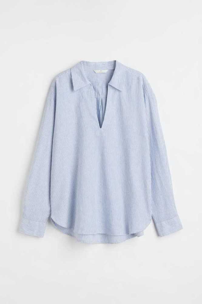 H&M Linen-blend Anorak Shirt Bluse Damen Weiß | 5471-GXMNI