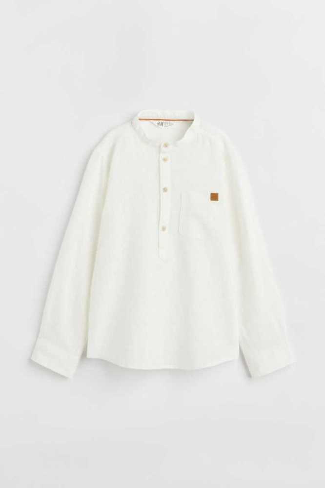 H&M Linen-blend Henley Hemd Kinder Weiß | 9651-FEQKO