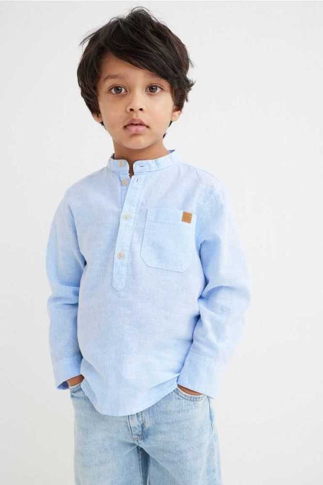 H&M Linen-blend Henley Hemd Kinder Weiß | 9651-FEQKO