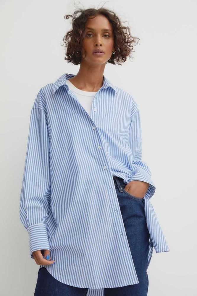 H&M Long Baumwoll Shirt Bluse Damen Blau | 5462-DIHNL